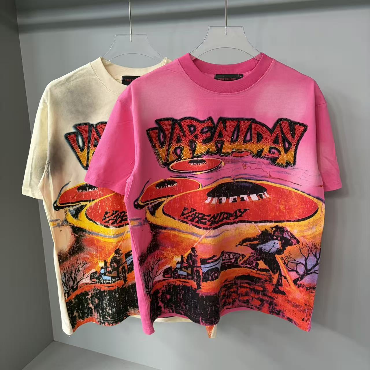 Men's T Shirts VARE ALL DAY American Street Washed Distressed Rhinestone Print Loose Round Neck Vintage Short-Sleeve Hip-hop Y2K T-Shirt Men Wome