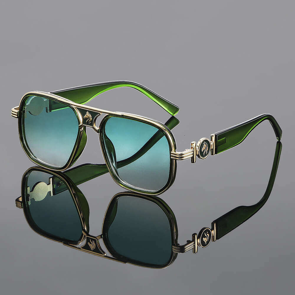 Fashion High-Grade Designer Sunglasses High-End Stylish Double-Bridge Square Frame With Horse Head Decoration, Classic European American Metal Sunglas