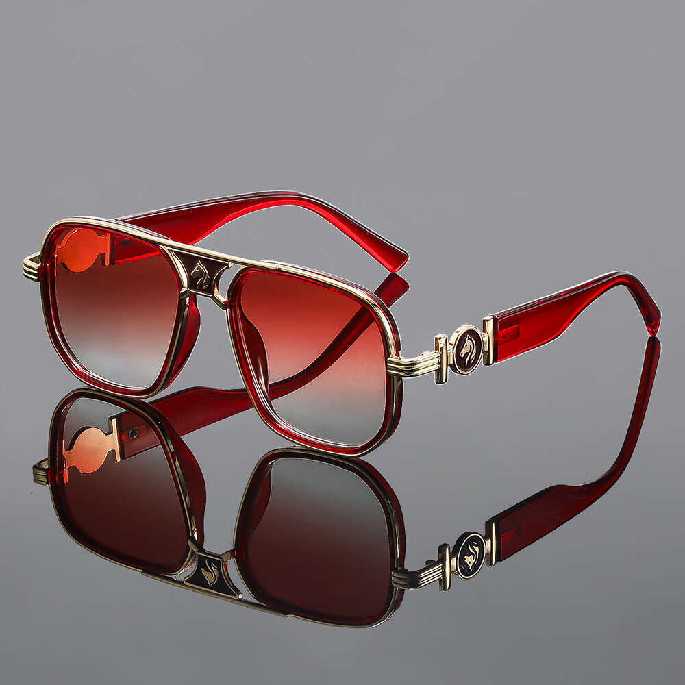 Fashion High-Grade Designer Sunglasses High-End Stylish Double-Bridge Square Frame With Horse Head Decoration, Classic European American Metal Sunglas