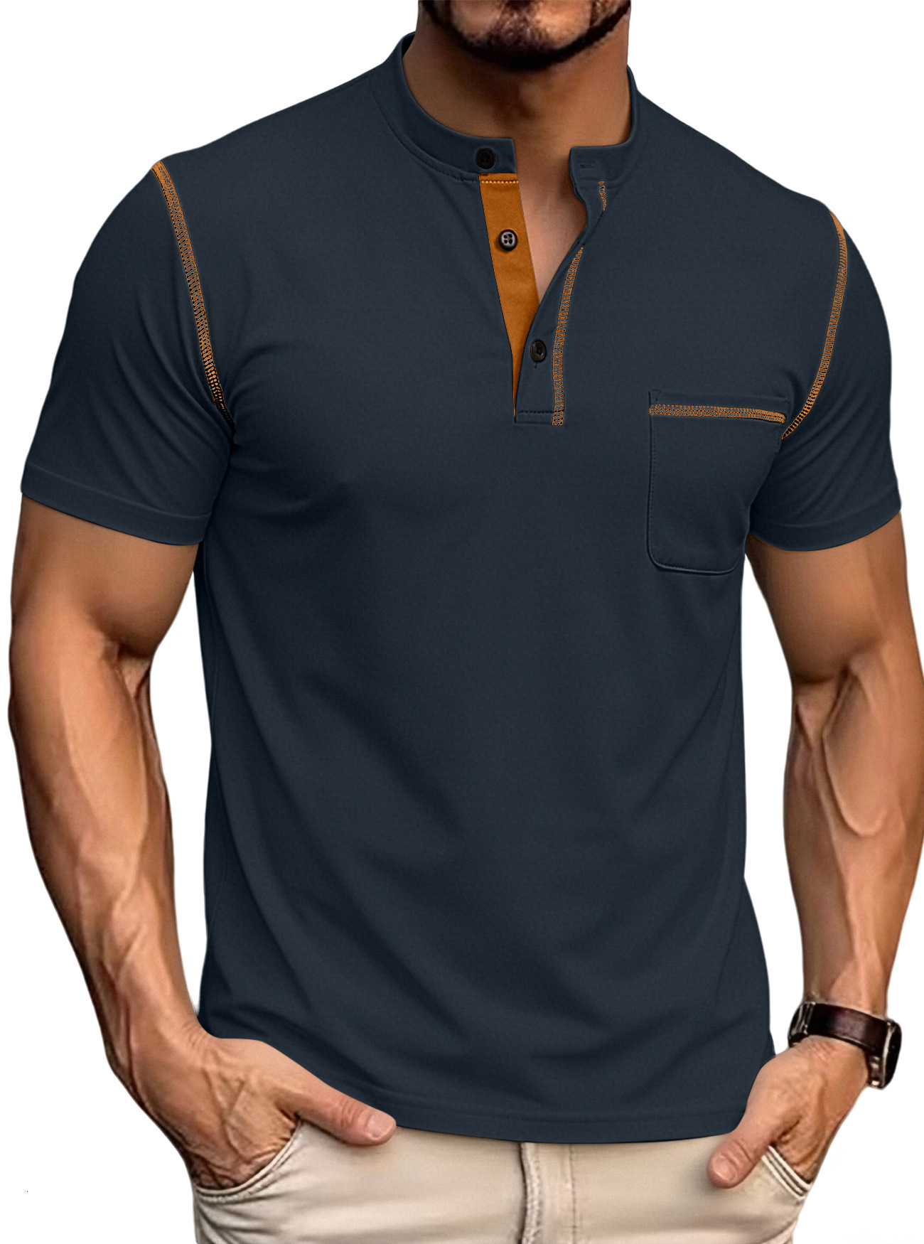 Small diagonal breathable short sleeved half buttoned Henry Polo shirt mens European and American plus size casual sports T-shirt