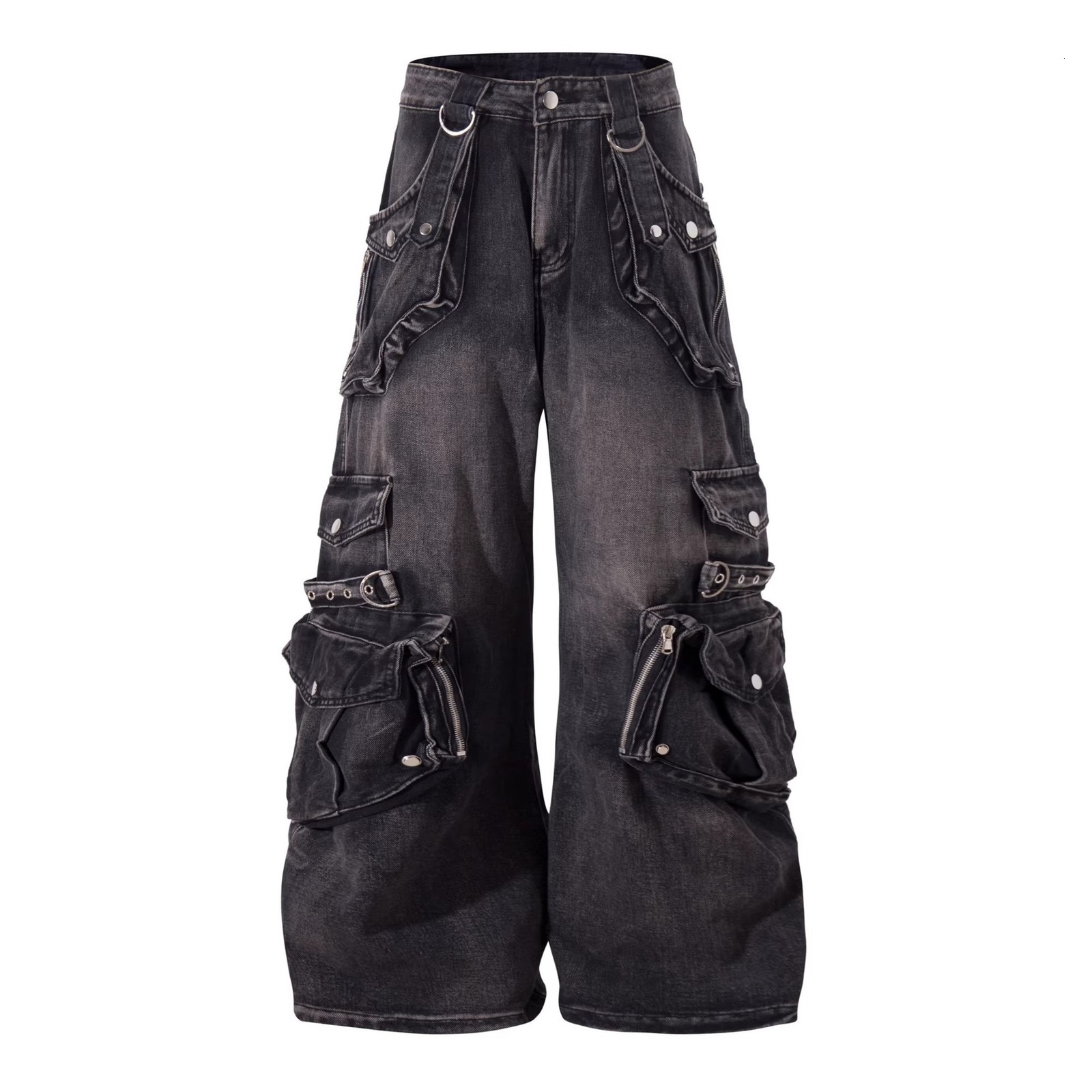 Gothic Harajuku Y2K Multi-Pocket Washed Black Jeans Men Fall Loose Drag Pants Street Hip Hop Rap 90s Spice Wide Leg Pants 250107 - view 6