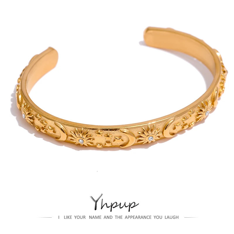 Yhpup Golden Stainless Steel Moon Star Sun Bangle Bracelet Stylish Metal Open Wrist Party Gift260528BJ