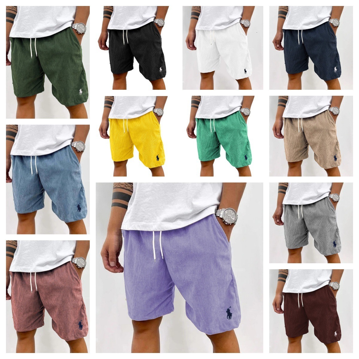Trendy corduroy shorts with embroidered logo solid color loose fit mens casual sports shorts 260407