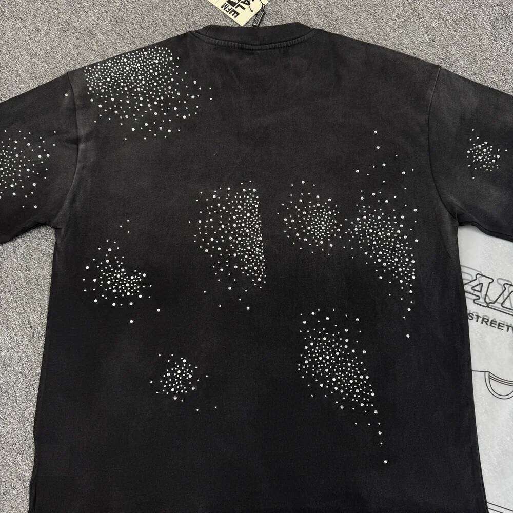 Vale/Valley American-Style Trendy Brand White Ink Direct-Print Hotfix Rhinestes Washed Vintage Loose-Fit Pure Cott Short-Sleeve T-Shirt Men's Hig