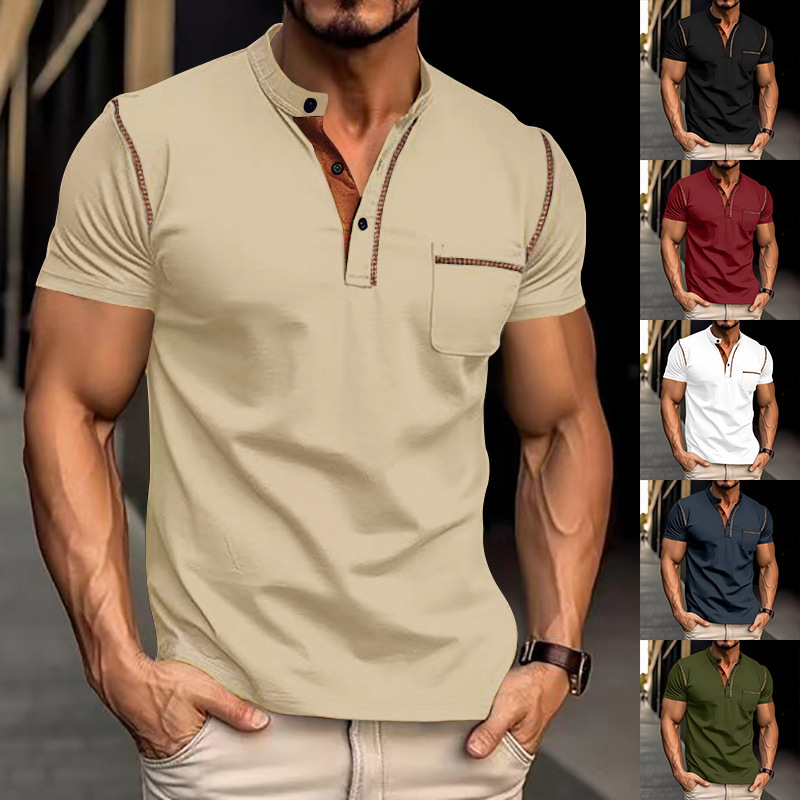 Small diagonal breathable short sleeved half buttoned Henry Polo shirt mens European and American plus size casual sports T-shirt