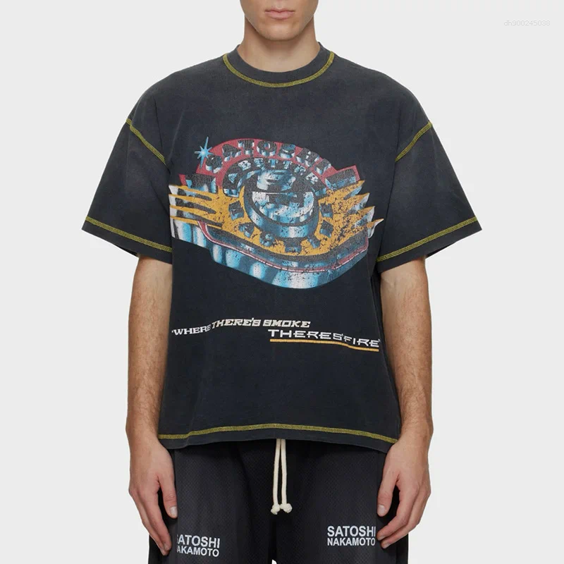 Men's T Shirts Hip Hop Yellow Stitching Patchwork Vintage Washed Black T-Shirt Men Women Cracked Graphics Shirt Cotton Tags