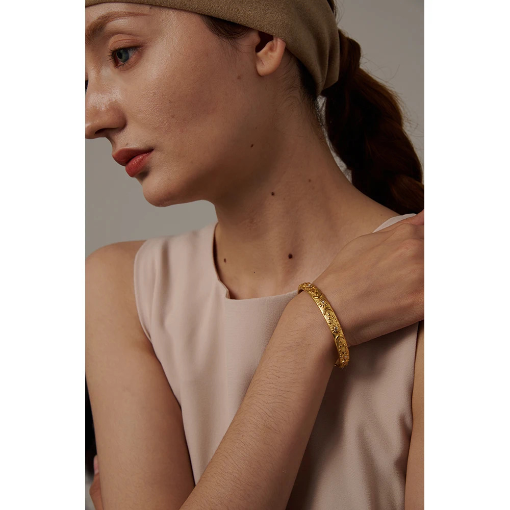 Yhpup Golden Stainless Steel Moon Star Sun Bangle Bracelet Stylish Metal Open Wrist Party Gift260528BJ - view 4