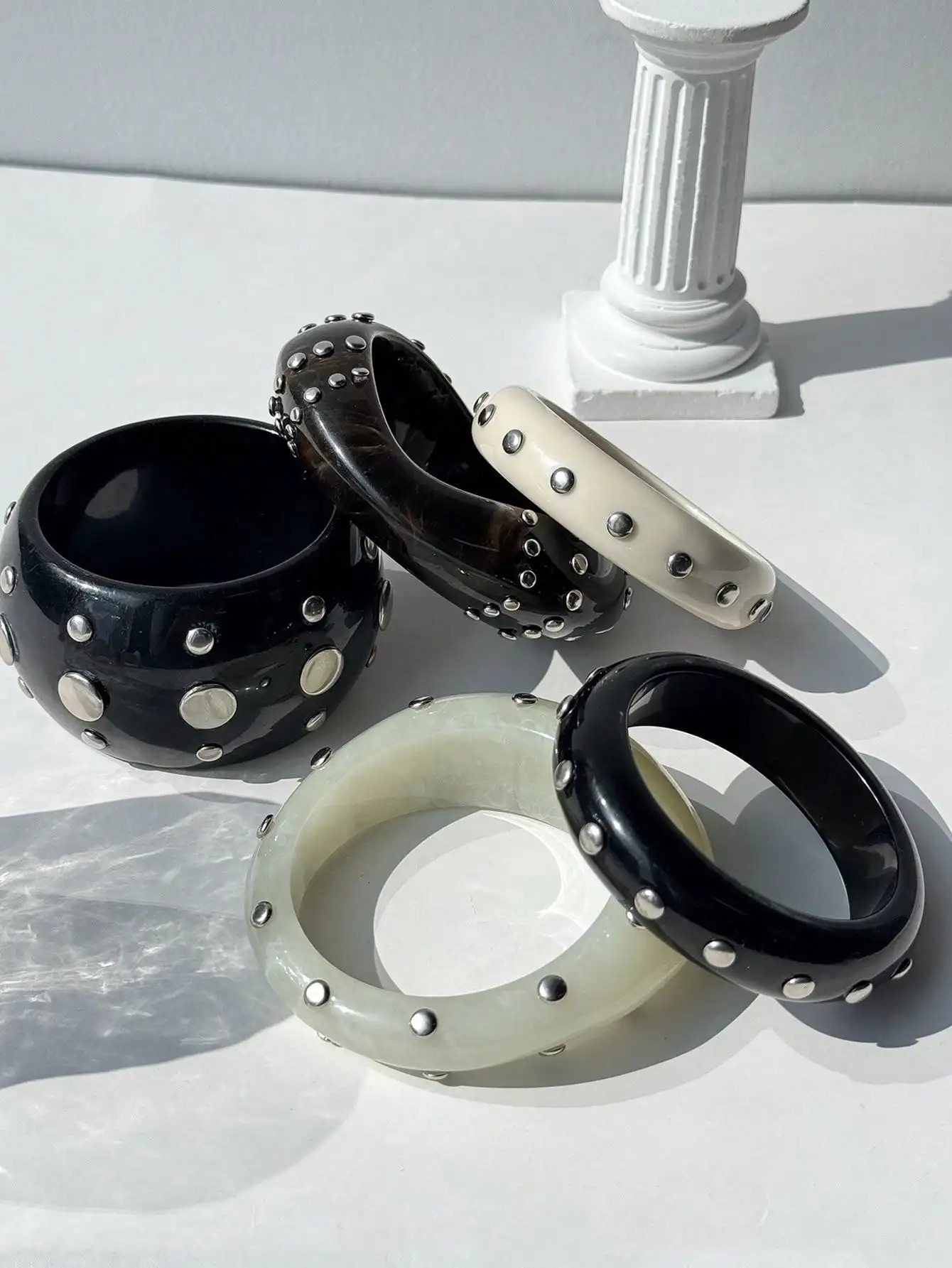HUANZHI Black and White Irregular Resin Bracelet with Bold Trendy n Unique Punk-Style Silver Rivet Clasp Womens Jewelry260528BJ - view 3