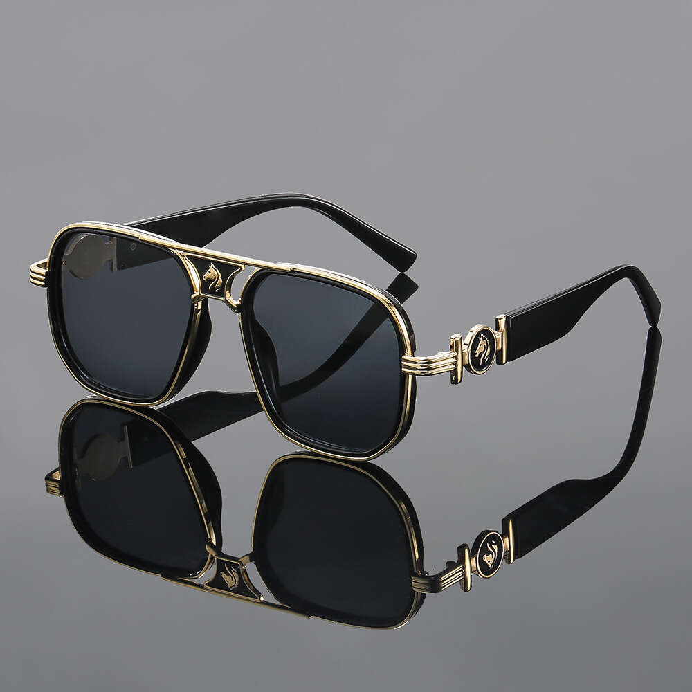 Fashion High-Grade Designer Sunglasses High-End Stylish Double-Bridge Square Frame With Horse Head Decoration, Classic European American Metal Sunglas