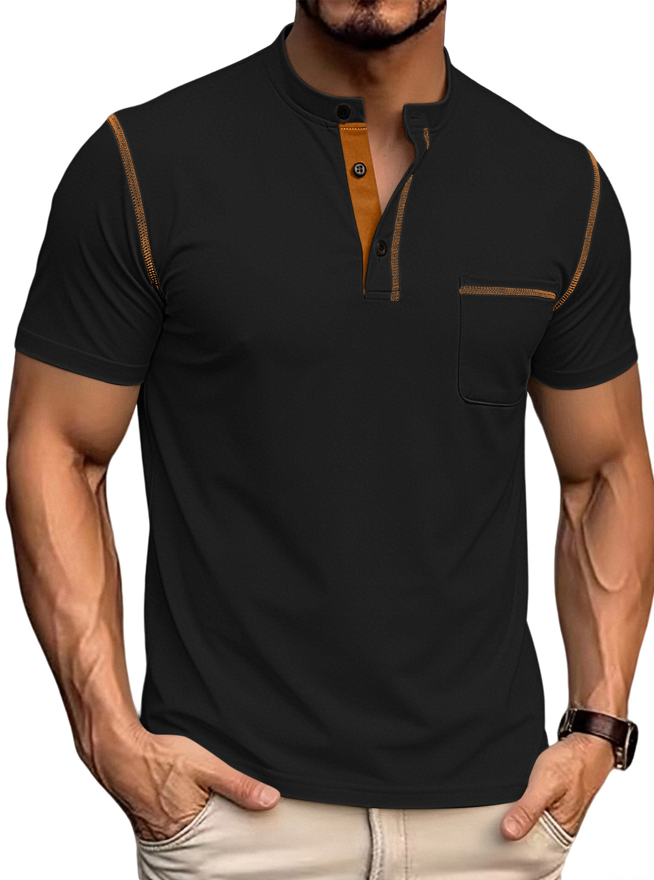 Small diagonal breathable short sleeved half buttoned Henry Polo shirt mens European and American plus size casual sports T-shirt
