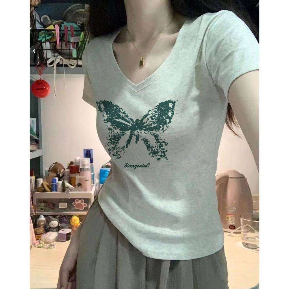Neck Short Sleeve T Shirt For Women Summer Versatile Waist Cinching Slim Fit Hong Kong Chic Top - view 4