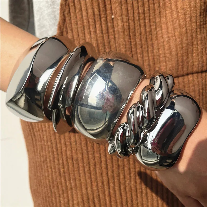 Exaggerated Silver Color Wide Geometric Irregular Cuff Bangles Women Punk Spring Open Bangle Bracelets Chunky Statement Jewelry260528BJ