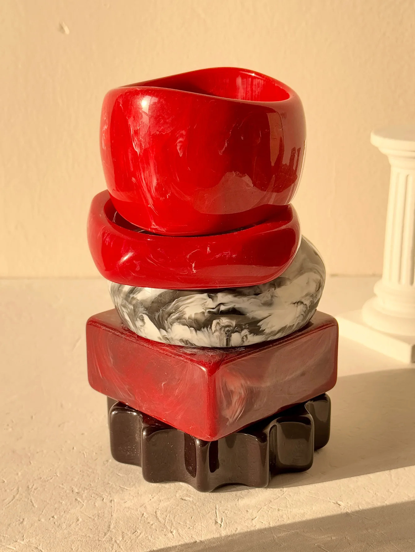 HUANZHI Vintage Red Grey White Blurred Geometric Irregular Resin Bracelet n Chunky Charms Bangles Jewelry for Women260528BJ - view 7