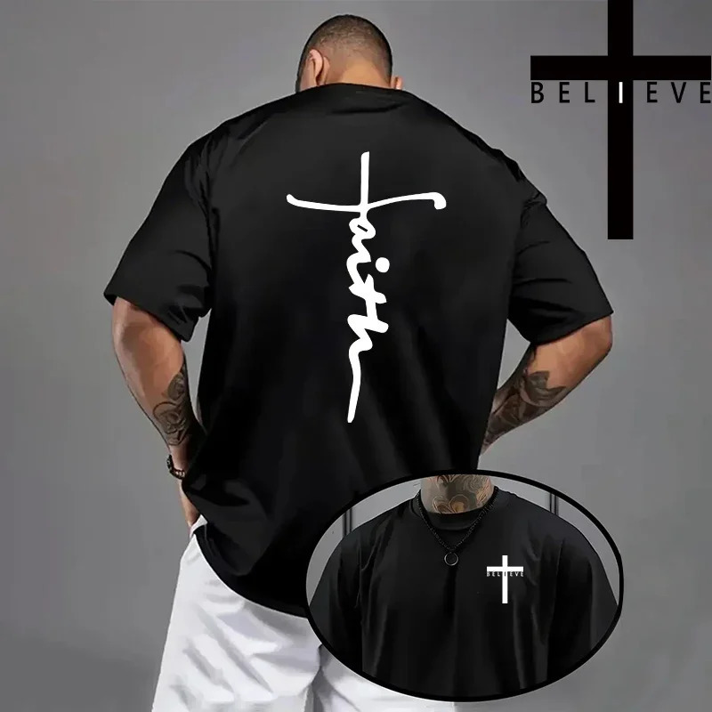 Spring Summer Daily Casual Fashion Jesus Cross Tees Christ Print T-shirt Men High Quality Pure Color Short Sleeve Top 260603 - view 4