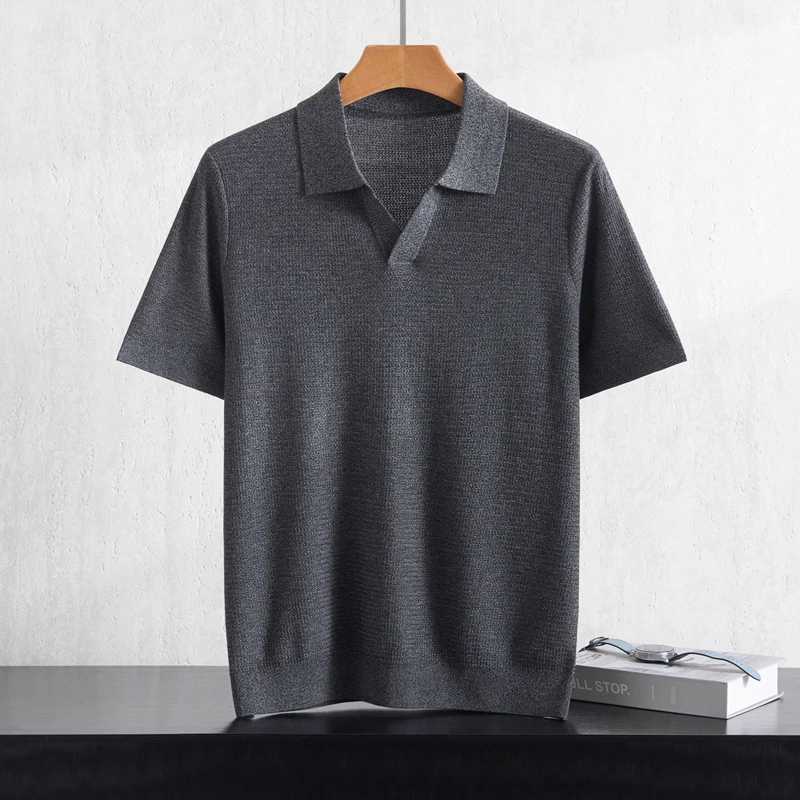 Summer New Mens 100 Lyocell Collar Solid Color T-Shirt Knit Pullover Bussiness Casual Short-sleeved Jumper Thin Tops Tees C260603