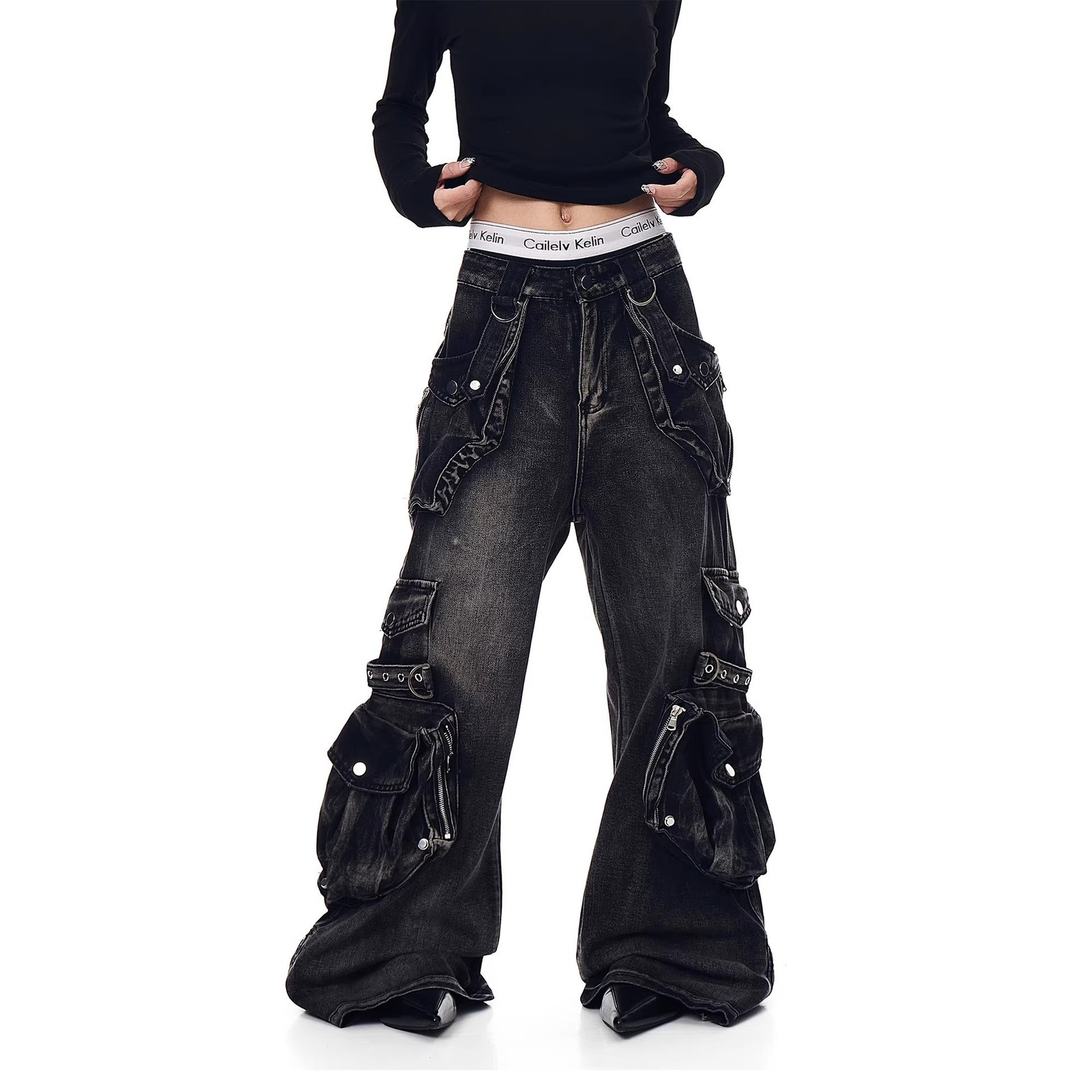 Gothic Harajuku Y2K Multi-Pocket Washed Black Jeans Men Fall Loose Drag Pants Street Hip Hop Rap 90s Spice Wide Leg Pants 250107 - view 3