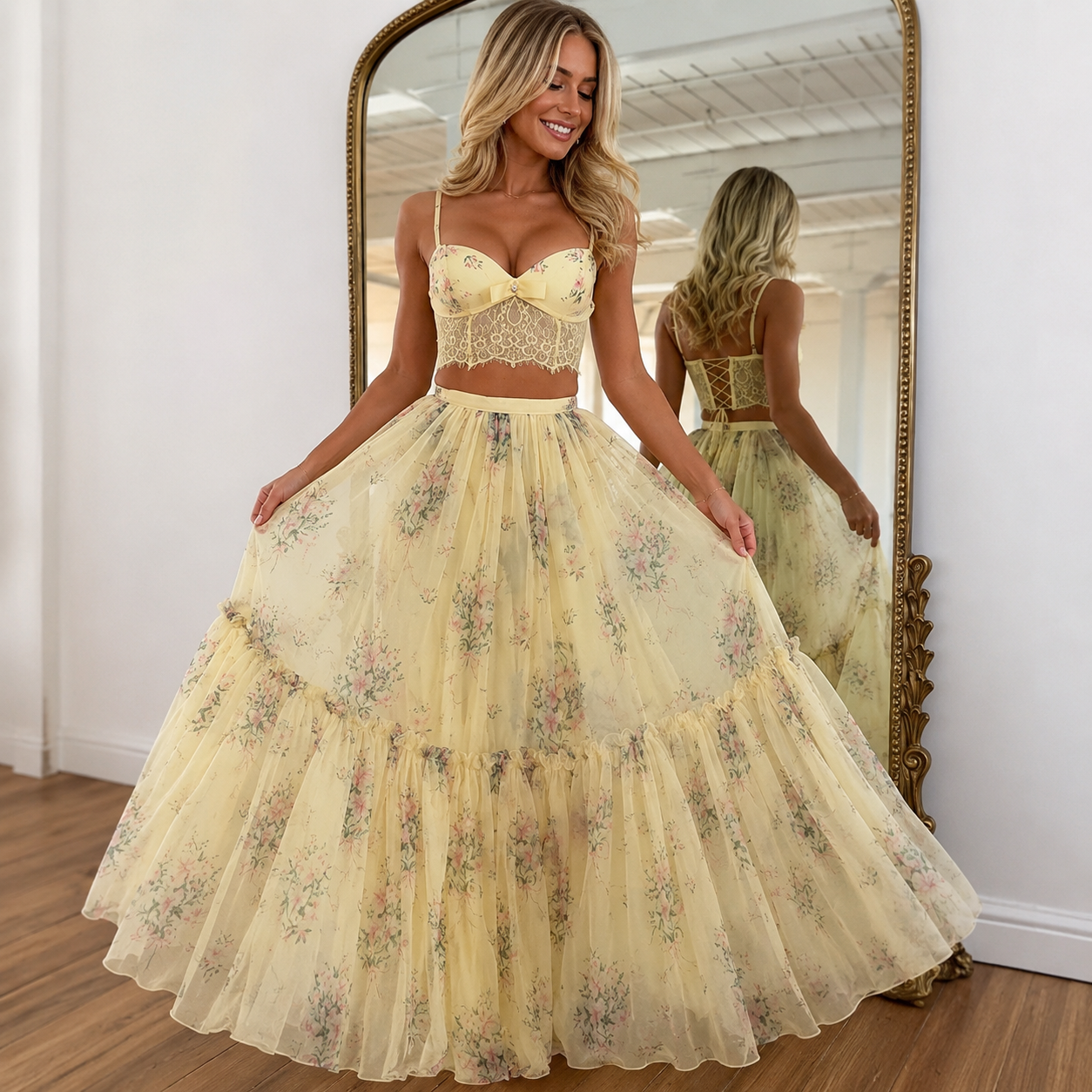 Work Dresses Floral Lace Patchwork Skirts Suits Women Slim Sleeveless Tank Top Waist-cinching Skirt Lady Spring Summer Outwear