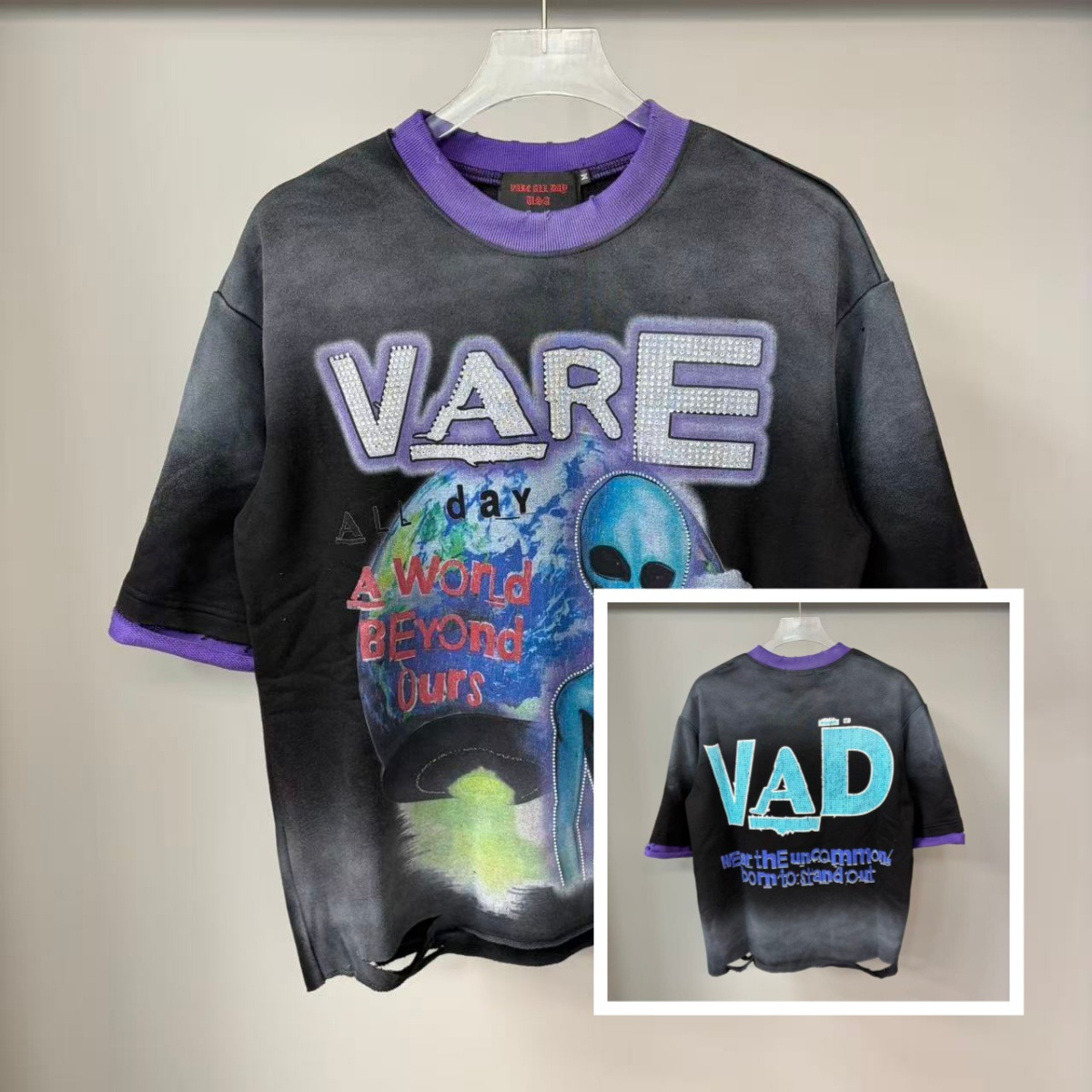 Men's T Shirts VARE ALL DAY American Street Washed Distressed Rhinestone Print Loose Round Neck Vintage Short-Sleeve Hip-hop Y2K T-Shirt Men Wome