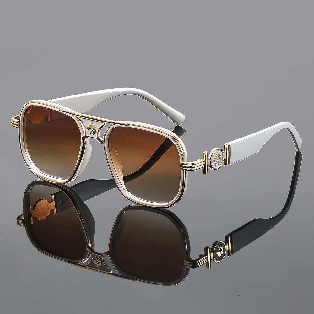 Fashion High-Grade Designer Sunglasses High-End Stylish Double-Bridge Square Frame With Horse Head Decoration, Classic European American Metal Sunglas