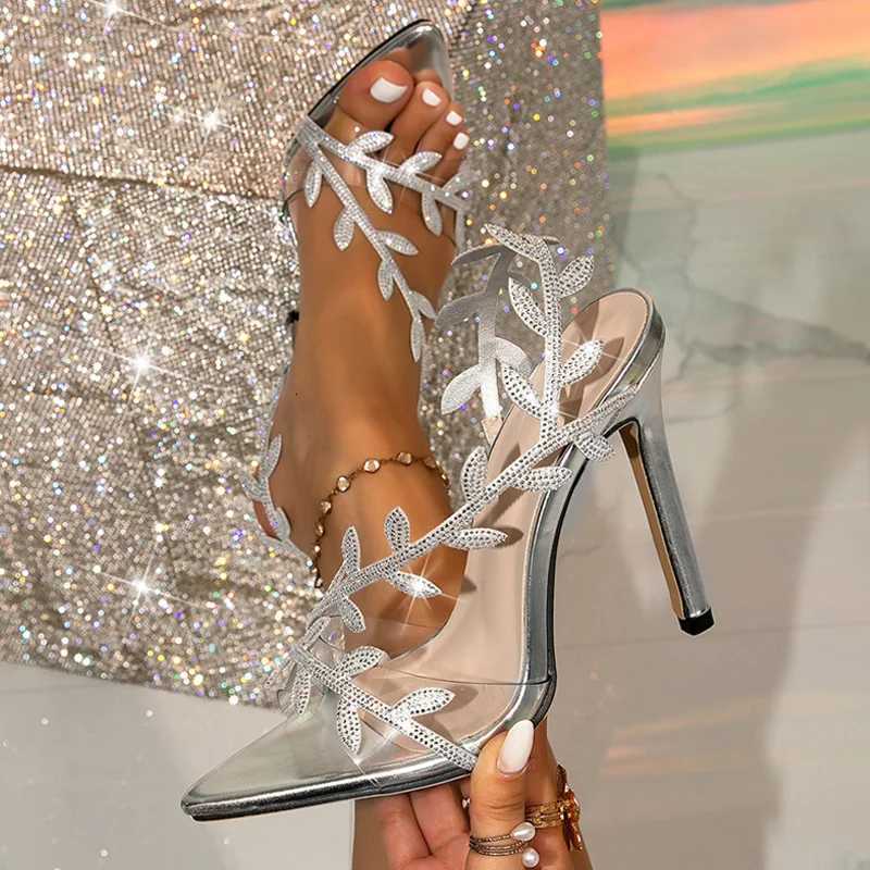 Designer Liyke Summer Leaf Fashion Crystal Sandal Women 115CM Stiletto Party Prom Shoes Sexy Pointed Toe Gold Silver High Heels H260604 - view 6