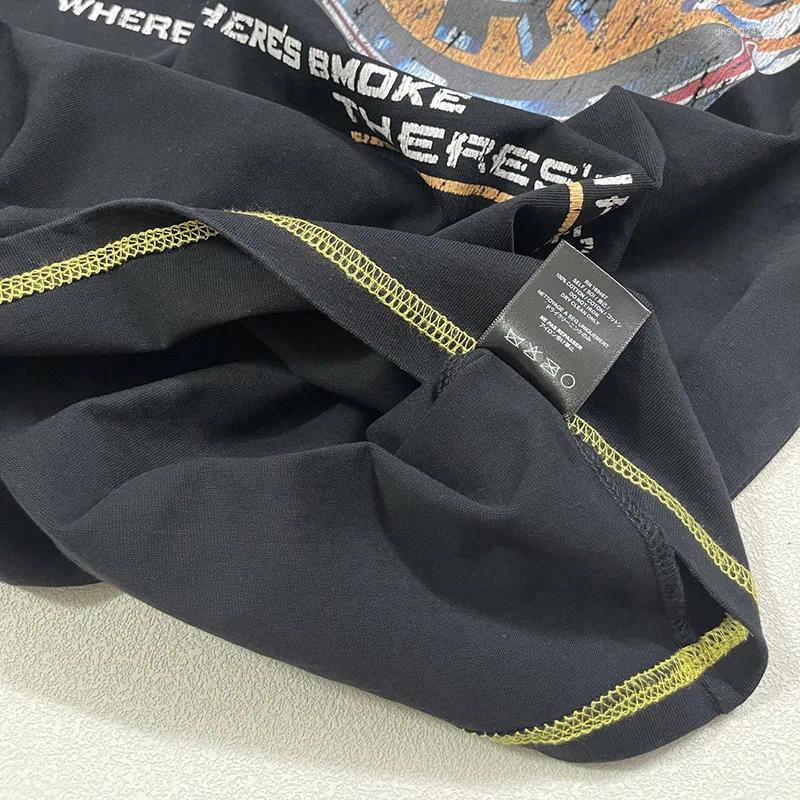 Men's T Shirts Hip Hop Yellow Stitching Patchwork Vintage Washed Black T-Shirt Men Women Cracked Graphics Shirt Cotton Tags