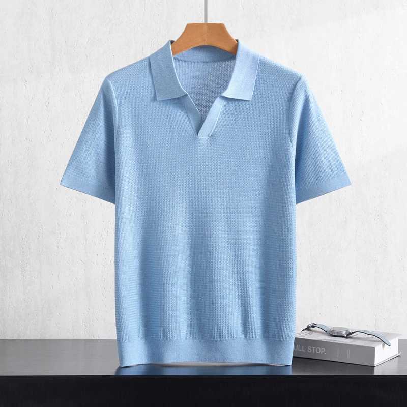 Summer New Mens 100 Lyocell Collar Solid Color T-Shirt Knit Pullover Bussiness Casual Short-sleeved Jumper Thin Tops Tees C260603
