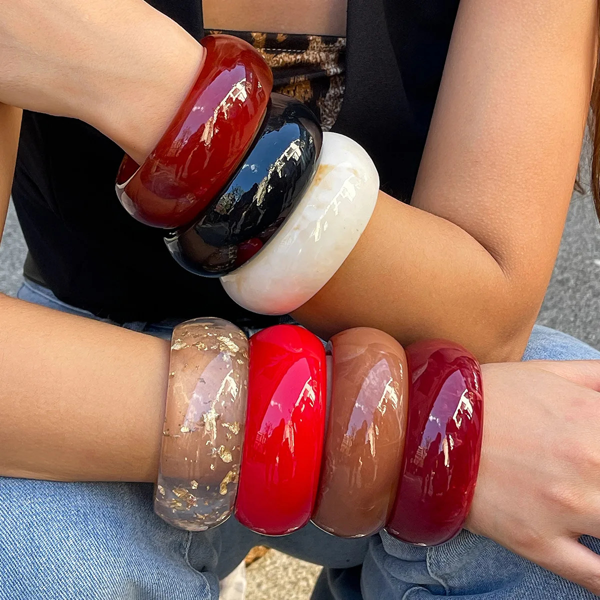 Vintage Round Charm Resin Cuff Bracelets Bangles for Women Acrylic Wide Geometric Bangle for Girls Summer Jewelry Gift260528BJ