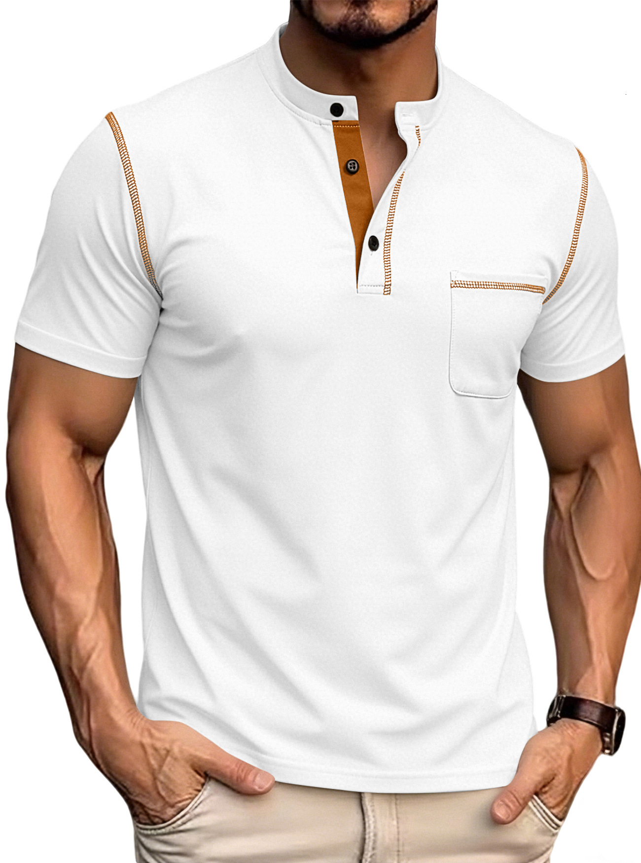 Small diagonal breathable short sleeved half buttoned Henry Polo shirt mens European and American plus size casual sports T-shirt