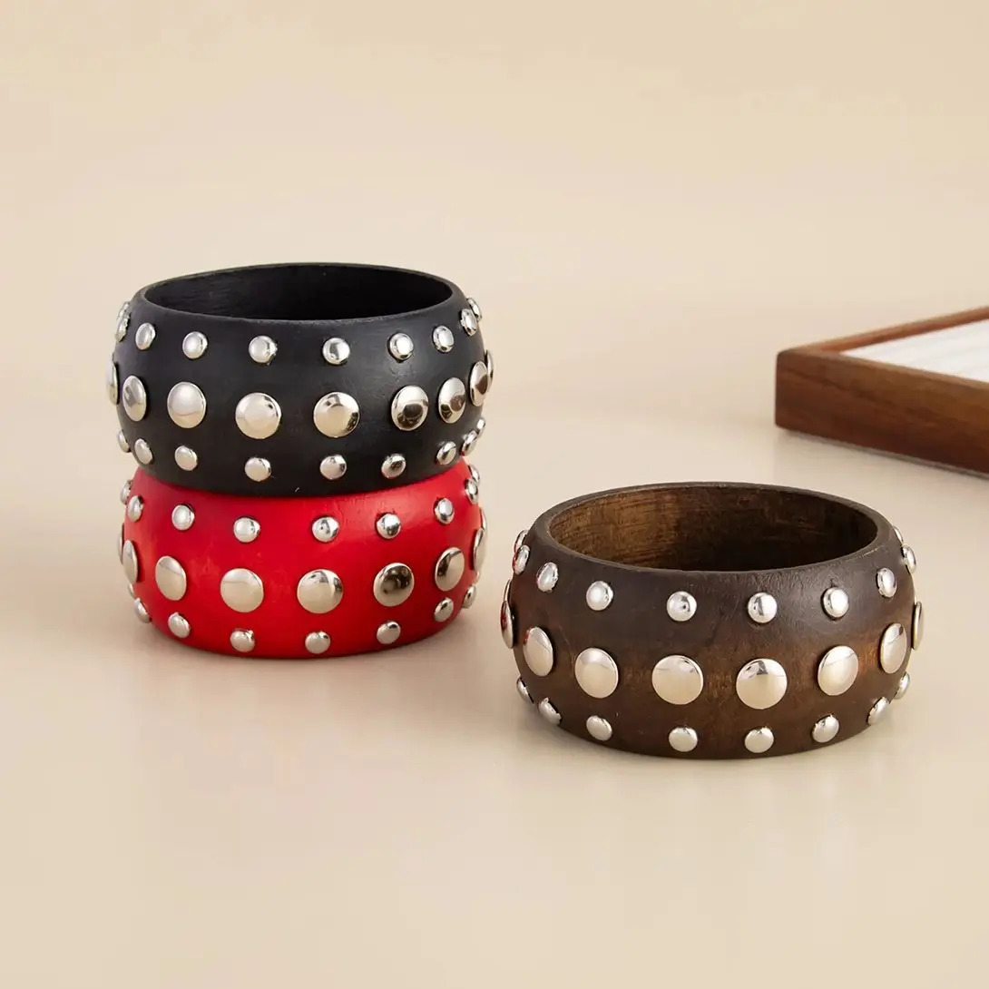 PuRui Hyperbole Creative Red Black Wooden CCB Chunky Bangle Bracelet for Women Vintage Punk Stackable Wide Bangle Grunge Jewelry260528BJ - view 7