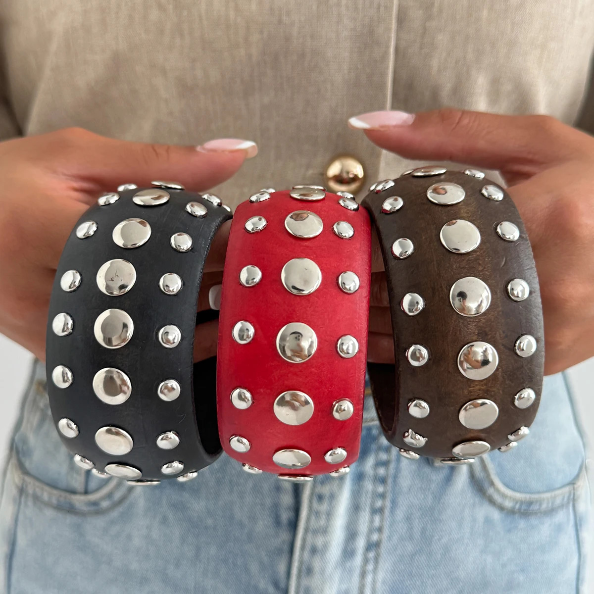 PuRui Hyperbole Creative Red Black Wooden CCB Chunky Bangle Bracelet for Women Vintage Punk Stackable Wide Bangle Grunge Jewelry260528BJ - view 3