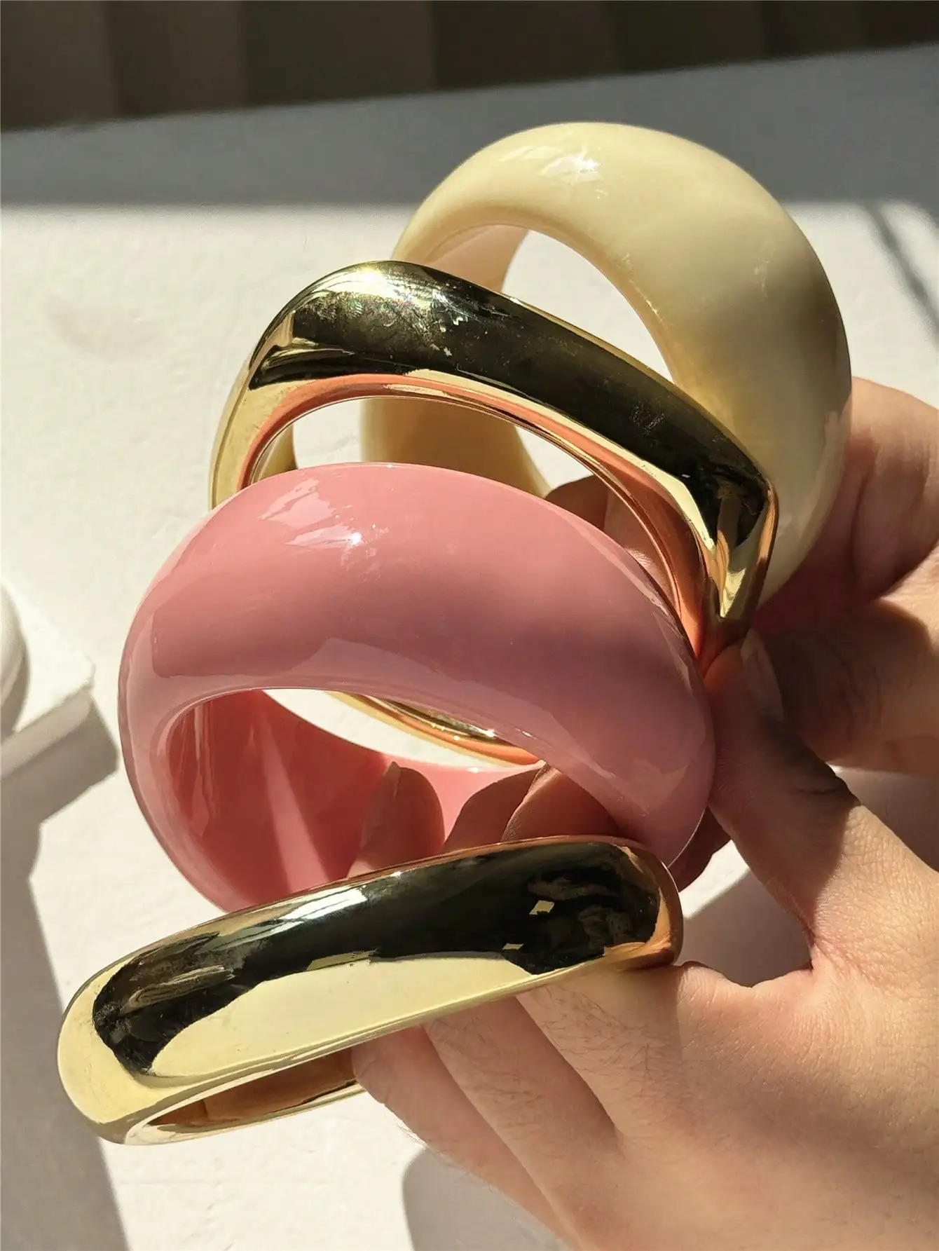 HUANZHI Thick Asymmetrical Geometric Wide Bracelet Beige Pink Fashion Jewelry Cuff For Women Suitable For Stacking Wear260528BJ - view 3