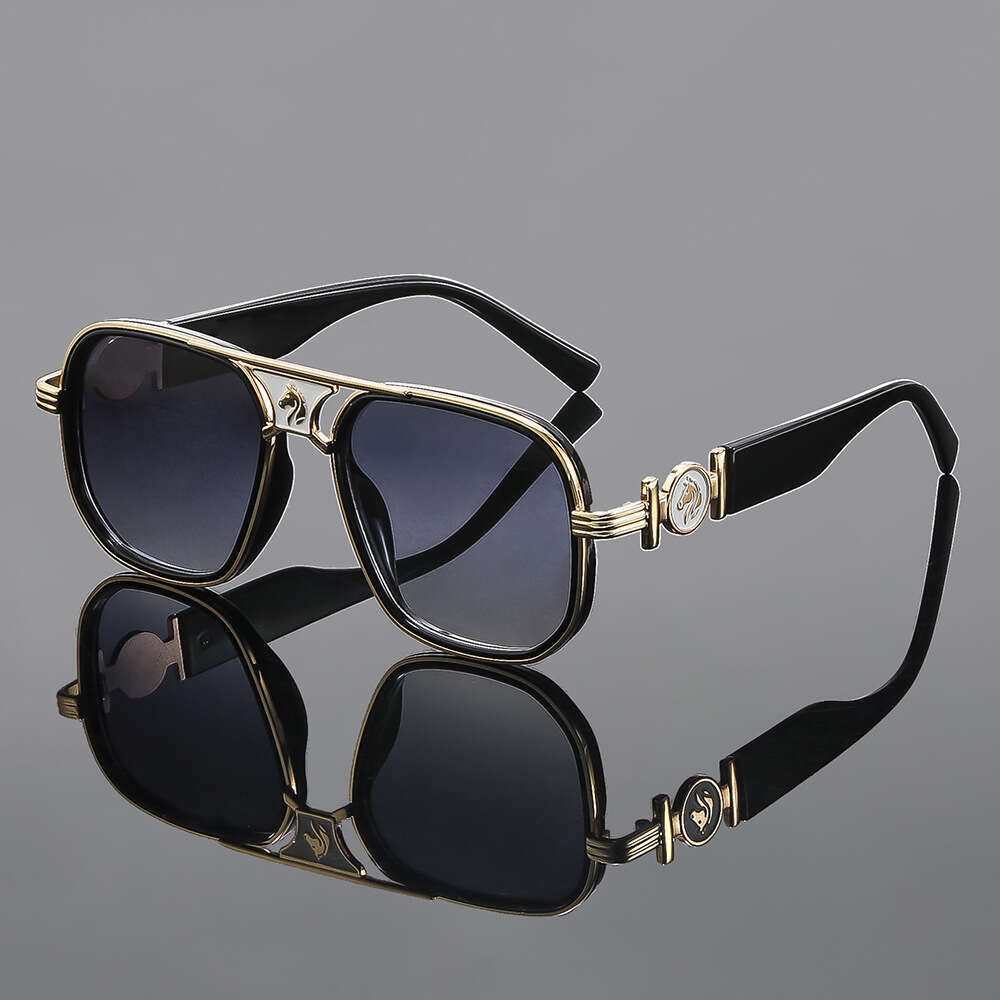 Fashion High-Grade Designer Sunglasses High-End Stylish Double-Bridge Square Frame With Horse Head Decoration, Classic European American Metal Sunglas