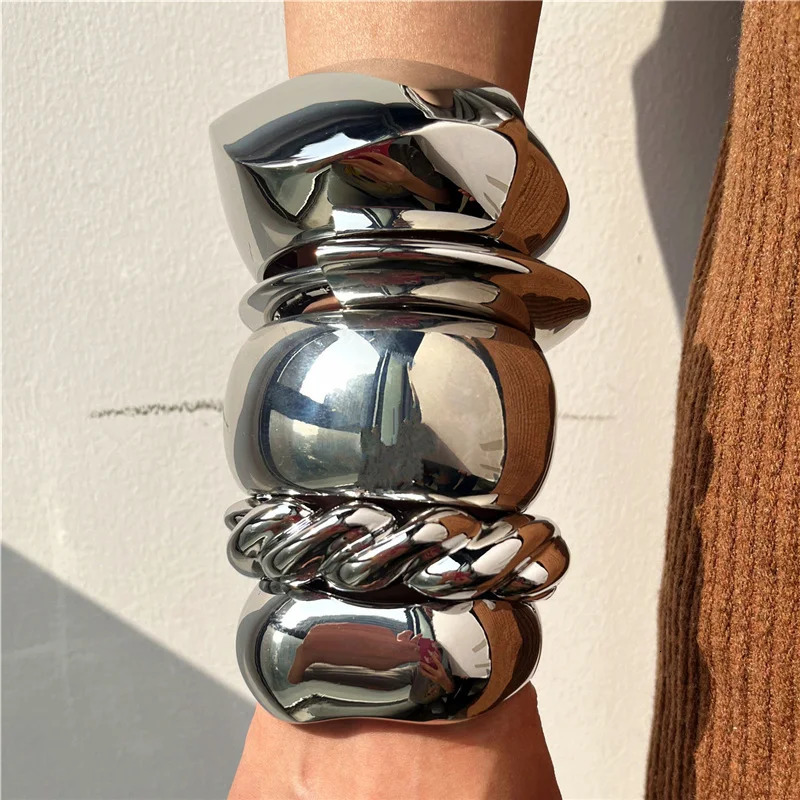 Exaggerated Silver Color Wide Geometric Irregular Cuff Bangles Women Punk Spring Open Bangle Bracelets Chunky Statement Jewelry260528BJ - view 3