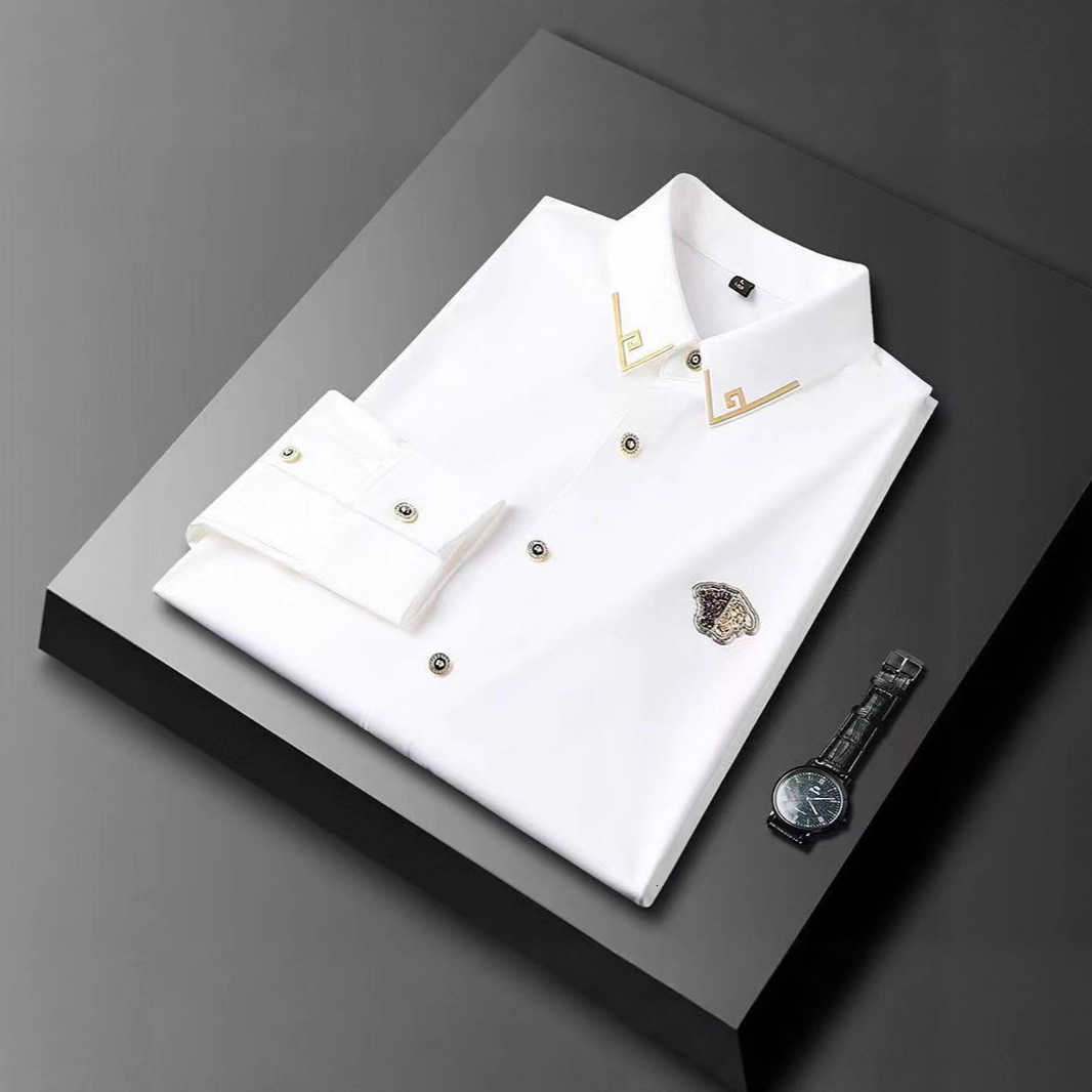 Light luxury trendy European style new business casual solid color long-sleeve shirt for men high-end slim-fit button-up shirt