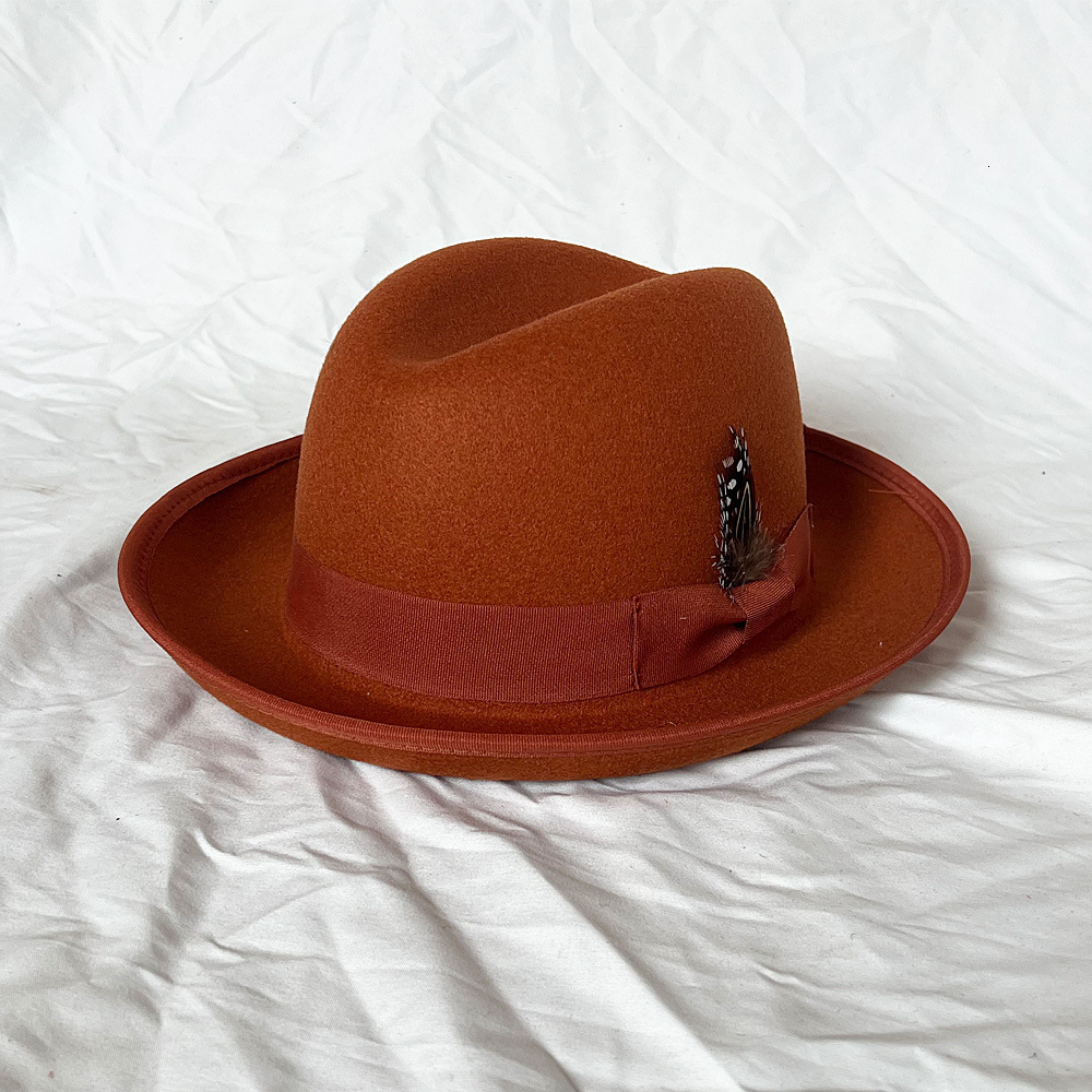 Fashion Wool Mens Feather Fedora Hat Winter Autumn Church Panama Wide Brown Retro Charm Jazz Hat 240919