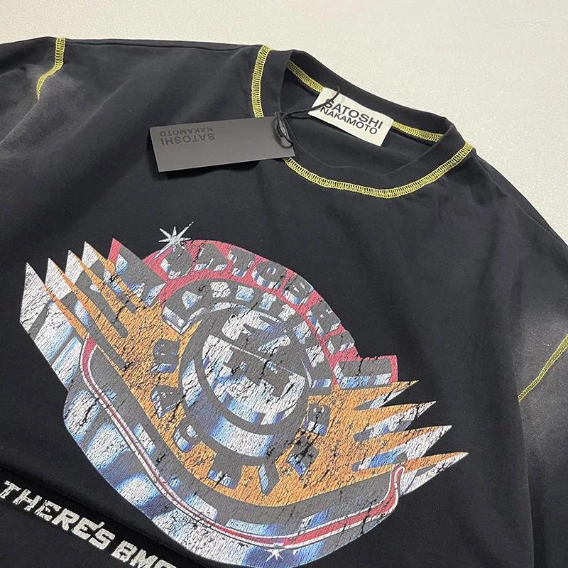 Men's T Shirts Hip Hop Yellow Stitching Patchwork Vintage Washed Black T-Shirt Men Women Cracked Graphics Shirt Cotton Tags