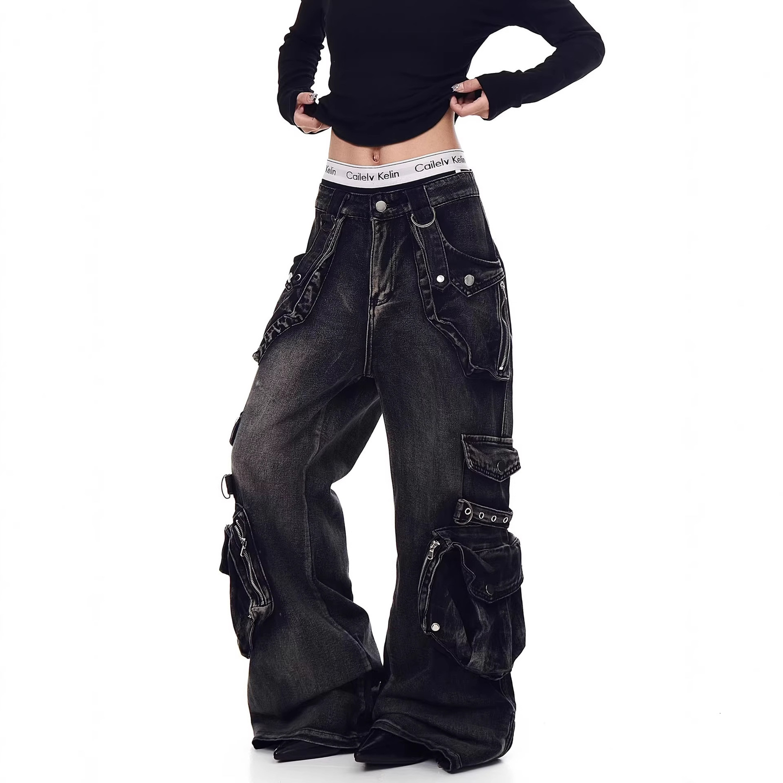 Gothic Harajuku Y2K Multi-Pocket Washed Black Jeans Men Fall Loose Drag Pants Street Hip Hop Rap 90s Spice Wide Leg Pants 250107 - view 5