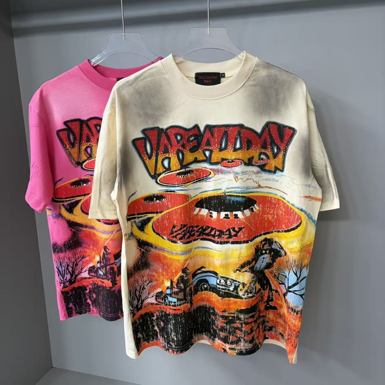 Men's T Shirts VARE ALL DAY American Street Washed Distressed Rhinestone Print Loose Round Neck Vintage Short-Sleeve Hip-hop Y2K T-Shirt Men Wome