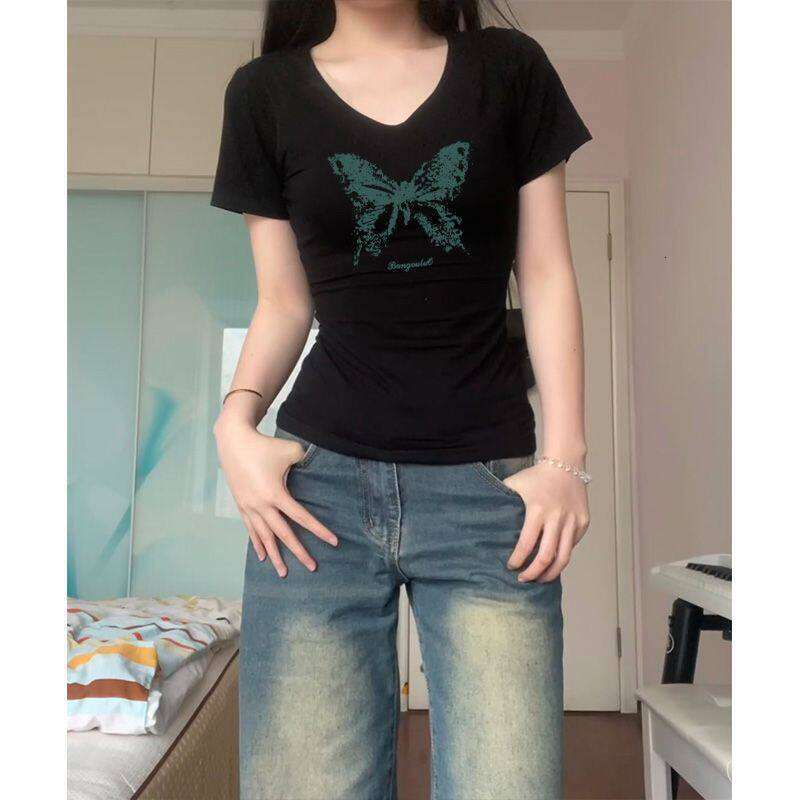 Neck Short Sleeve T Shirt For Women Summer Versatile Waist Cinching Slim Fit Hong Kong Chic Top - view 5