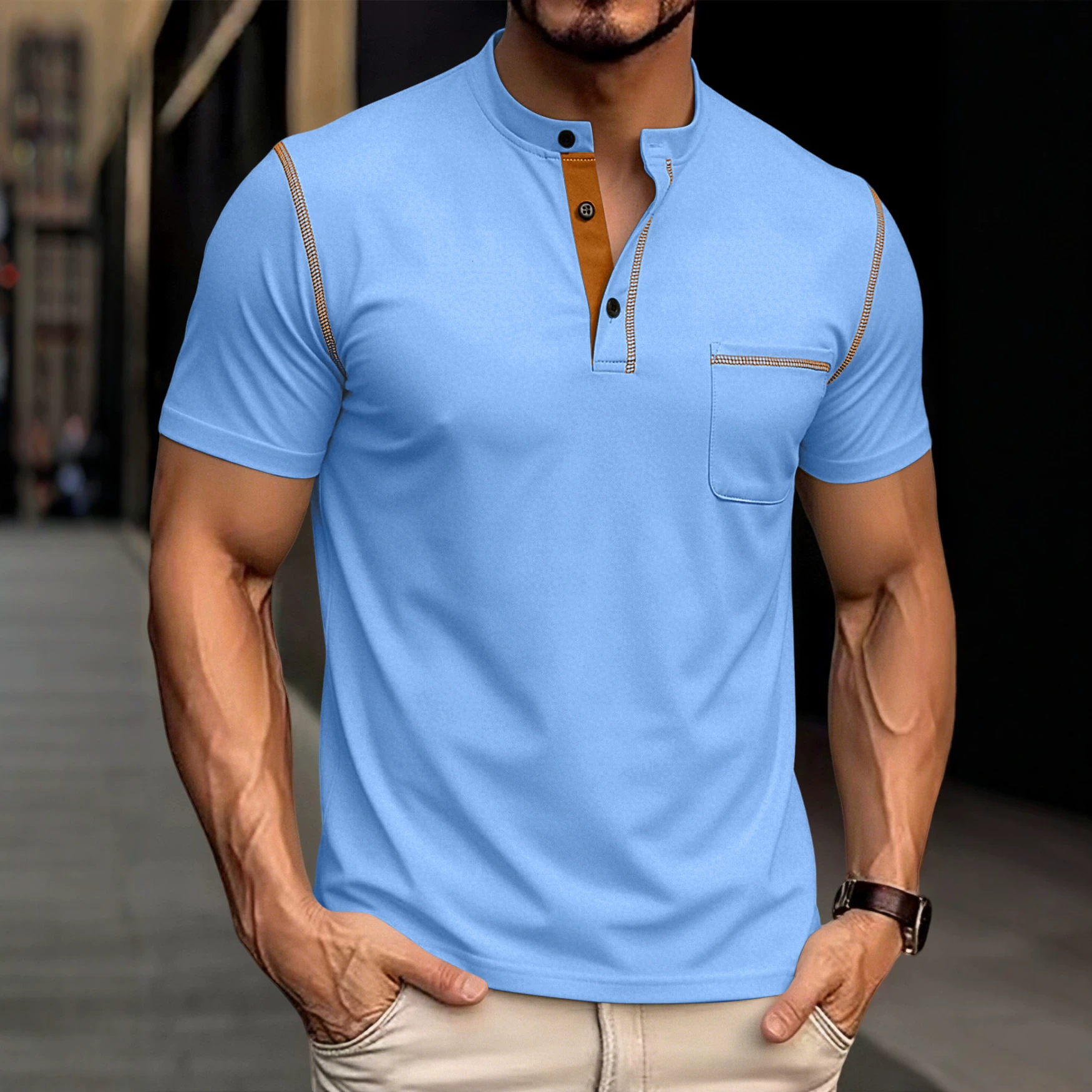 Small diagonal breathable short sleeved half buttoned Henry Polo shirt mens European and American plus size casual sports T-shirt