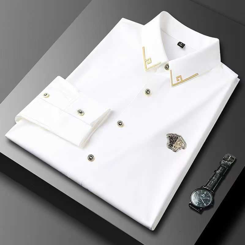 Light luxury trendy European style new business casual solid color long-sleeve shirt for men high-end slim-fit button-up shirt
