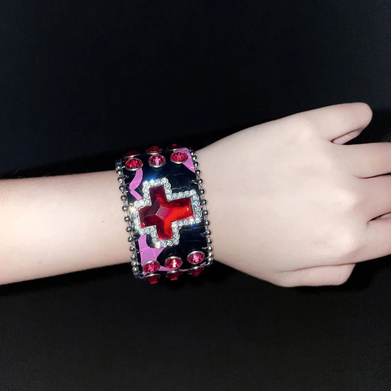 Gothic Jewelry Leather Red Crystal Cross Bracelet Womens Retro Grunge Skull Bracelet Accessories Korean Punk Charms260528BJ - view 5