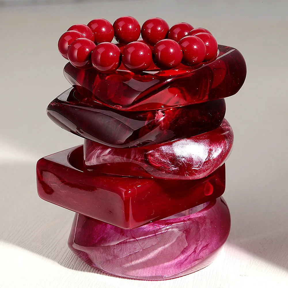 Fashion Dark Red Irregular Acrylic Bangle for Women Statement Resin Thick Geometric Cuff Bracelets Autumn Winter Jewelry Gift260528BJ - view 3