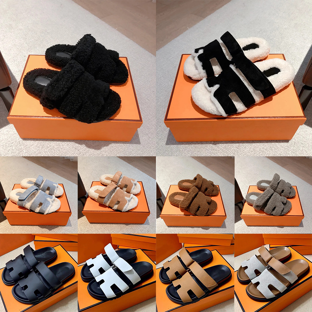 Designer Shoes Women Fluffy Lamb Wool Slide Sandals Double Strap Open Toe Fuzzy Slippers Winter Warm Non Slip Indoor Outdoor Casual Plush Flat Shoes Black Size 35-44