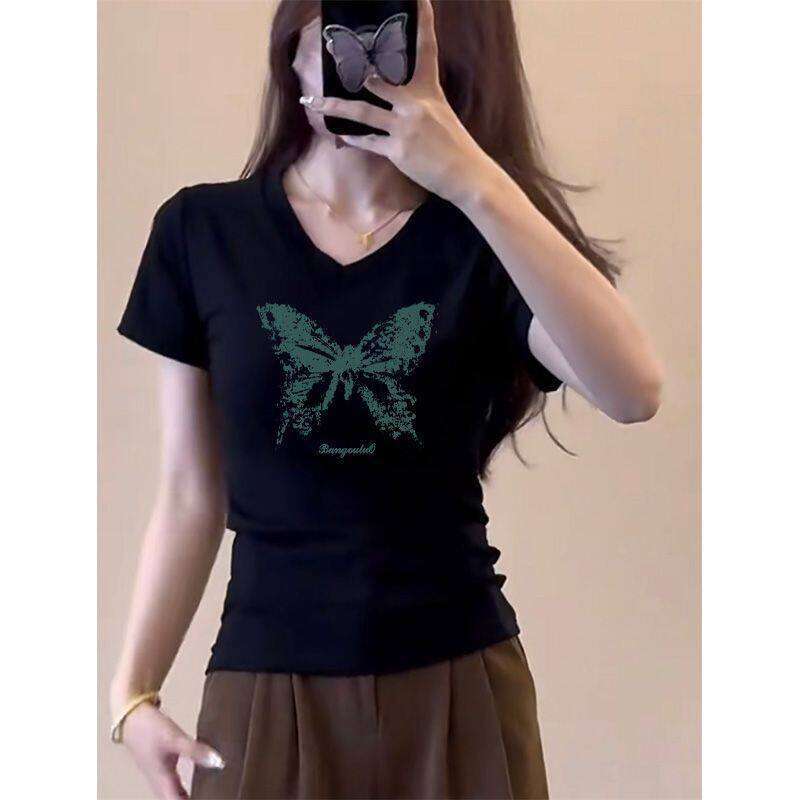 Neck Short Sleeve T Shirt For Women Summer Versatile Waist Cinching Slim Fit Hong Kong Chic Top