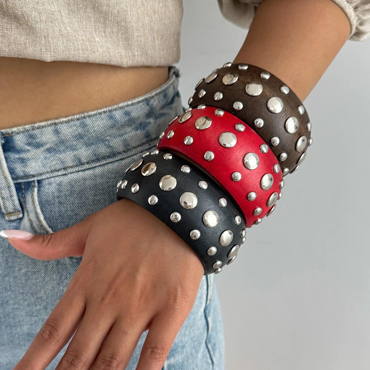 PuRui Hyperbole Creative Red Black Wooden CCB Chunky Bangle Bracelet for Women Vintage Punk Stackable Wide Bangle Grunge Jewelry260528BJ - view 4