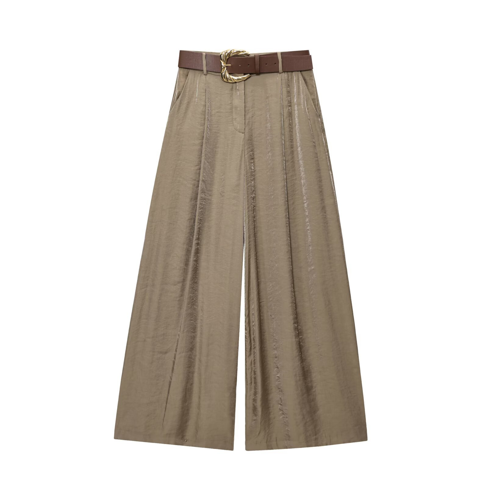 Women's Straight Pants Solid Waist Belt Pockets Wide Leg Long Trousers Female 2025 Spring Lady Vintage High Street Wears dongdumaoyi