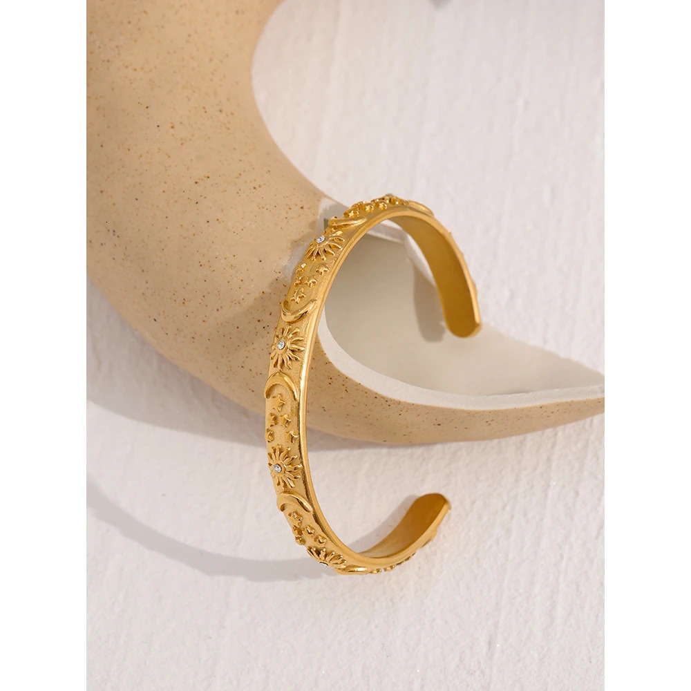 Yhpup Golden Stainless Steel Moon Star Sun Bangle Bracelet Stylish Metal Open Wrist Party Gift260528BJ - view 5