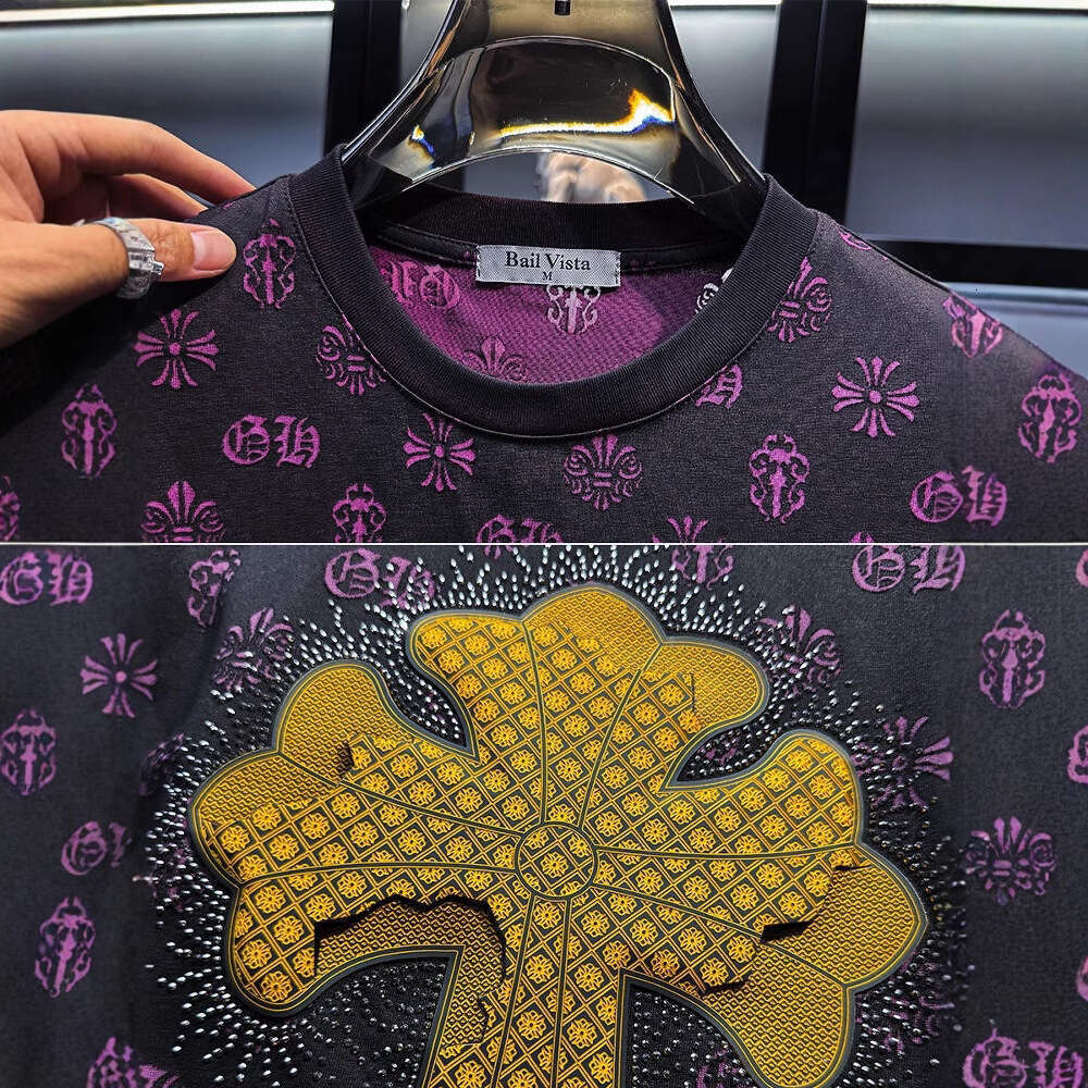 Europan-styl mns high-nd rhinston-mbllishd jacquard round-nck short-slv t-shirt trndy brand luxury nw summr loos-fit Amrican styl