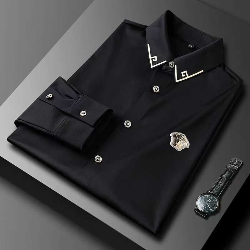 Light luxury trendy European style new business casual solid color long-sleeve shirt for men high-end slim-fit button-up shirt